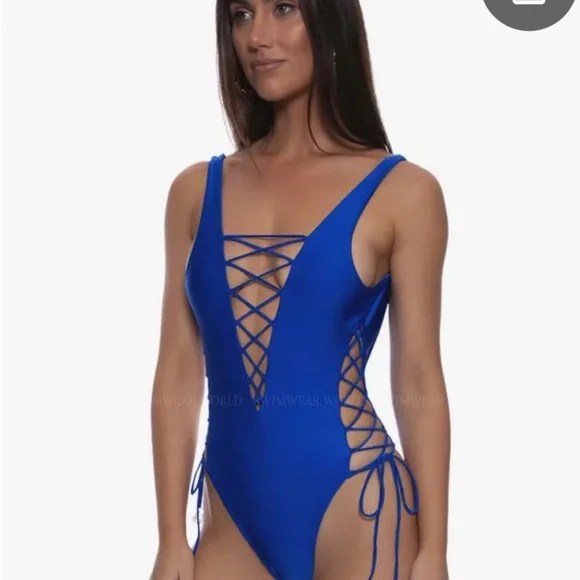 Luli Fama Light Blue One Piece Swimsuit with Gold Accents PURA CURIOSIDAD - Picture 7 of 8